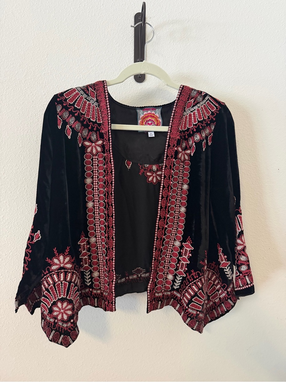 Johnny Was Black Jacket with Pink and Gold Floral Embroidery